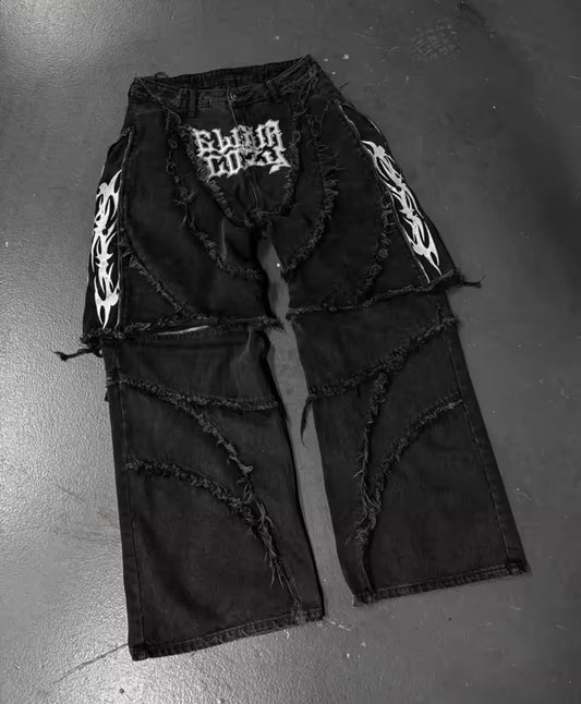 00 black Denim Pants Adjustable Jorts